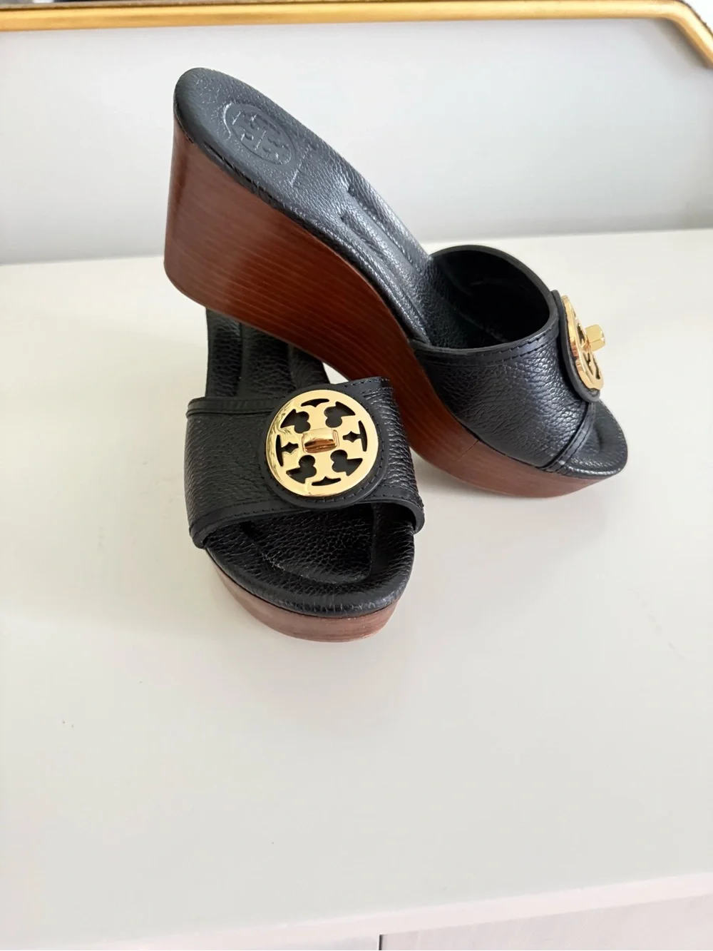 Tory Burch Black Leather Wedge Sandals with Gold Logo